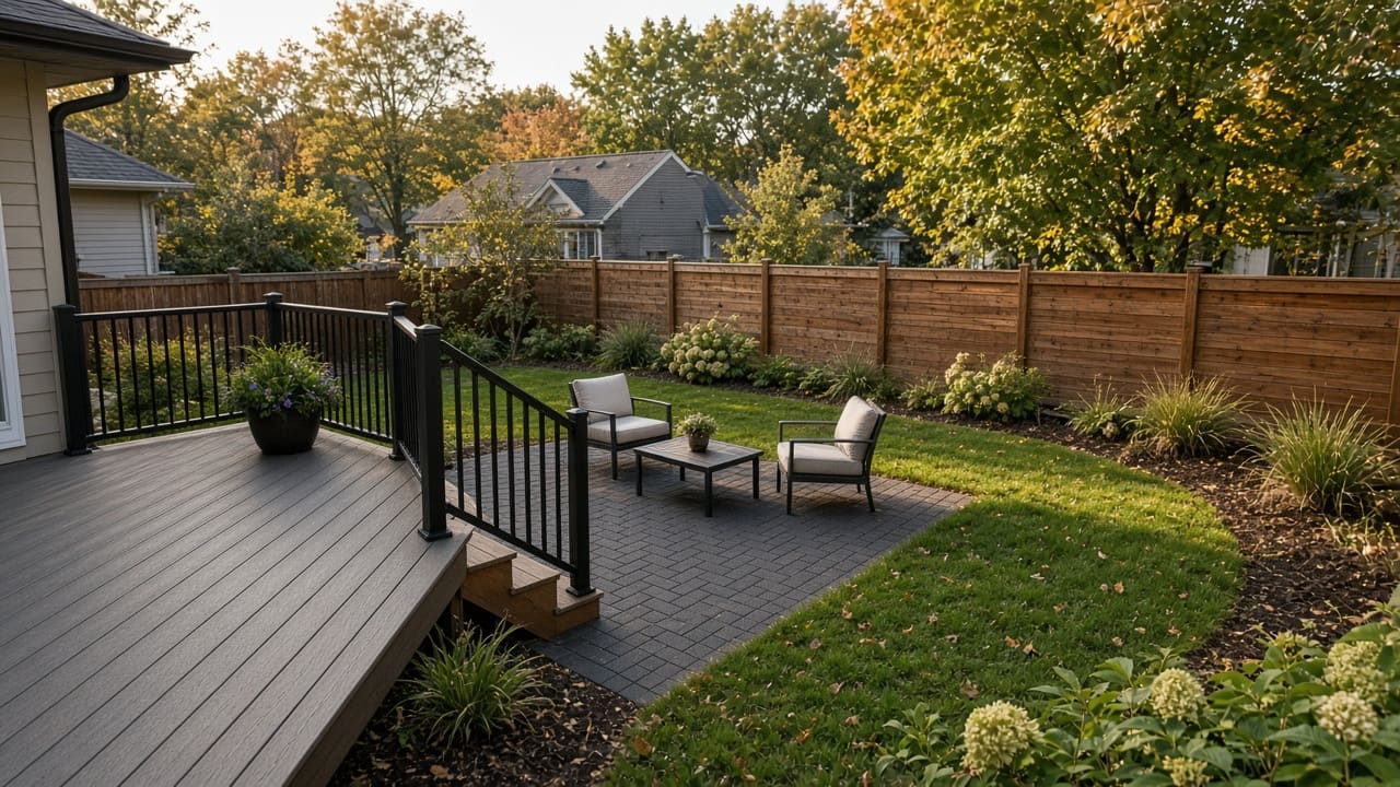 Backyard with a composite deck stepping down to a paver patio, lawn and planted beds along a cedar fence