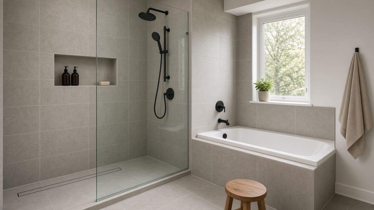 Curbless walk-in shower with a frameless glass panel beside a tiled alcove tub