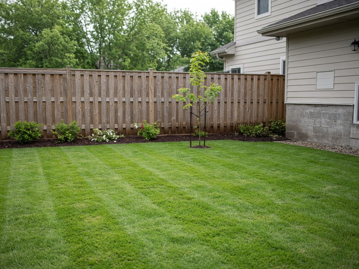 Newly sodded backyard lawn along a cedar fence with a young tree