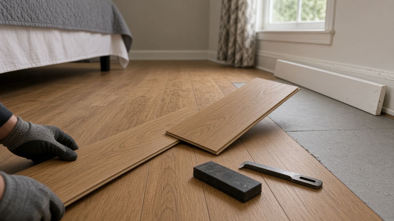 Oak-look vinyl plank being clicked into place with a tapping block nearby
